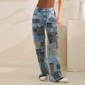O&H Grunge Style Wide Leg Patchwork Jeans